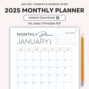 2025 Monthly Planner, Printable 2025 Calender, Monthly Organizer, Monthly Agenda, Month At a Glance, Printable & Fillable, A4/Letter