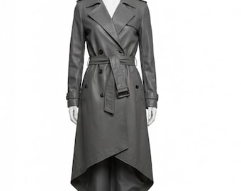 Trench in pelle di pecora grigia da donna / Cappotto midi in pelle vintage con cintura / Stile militare anni '90 / Giacca autunnale personalizzata / Regalo per lei in inverno