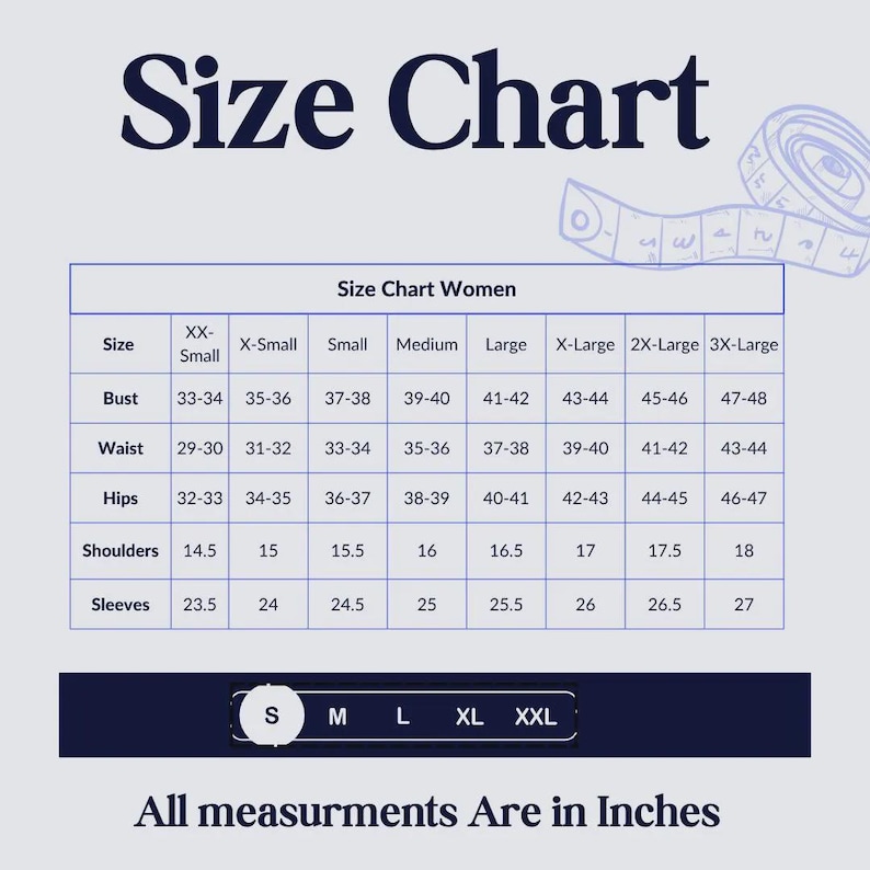 Op de afbeelding: Een maattabel met de kop Size Chart en een afbeelding van een meetlint. De tabel bevat afmetingen in inches voor buste, taille, heupen, schouders en mouwen van XX-Small tot 3X-Large. De tekst luidt All measurments Are in Inches.