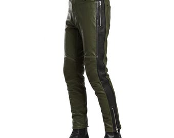 Green Black Leather Biker Pants Men – Handmade Handmade Real Leather Pants, Sheepskin Custom Lined Leather Pant, Leather Jeans Gift for Him