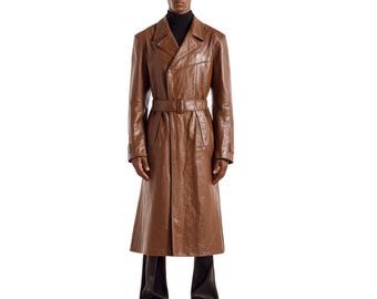 Trench in pelle di pecora marrone da uomo / Cappotto midi in pelle vintage / Giacca invernale con cappuccio / Regalo per lui / Stile trench militare anni '90