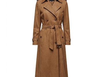 Trench in pelle di pecora color cammello per donna / Trench midi vintage / Giacca autunno inverno / Capispalla streetwear / Regalo per lei