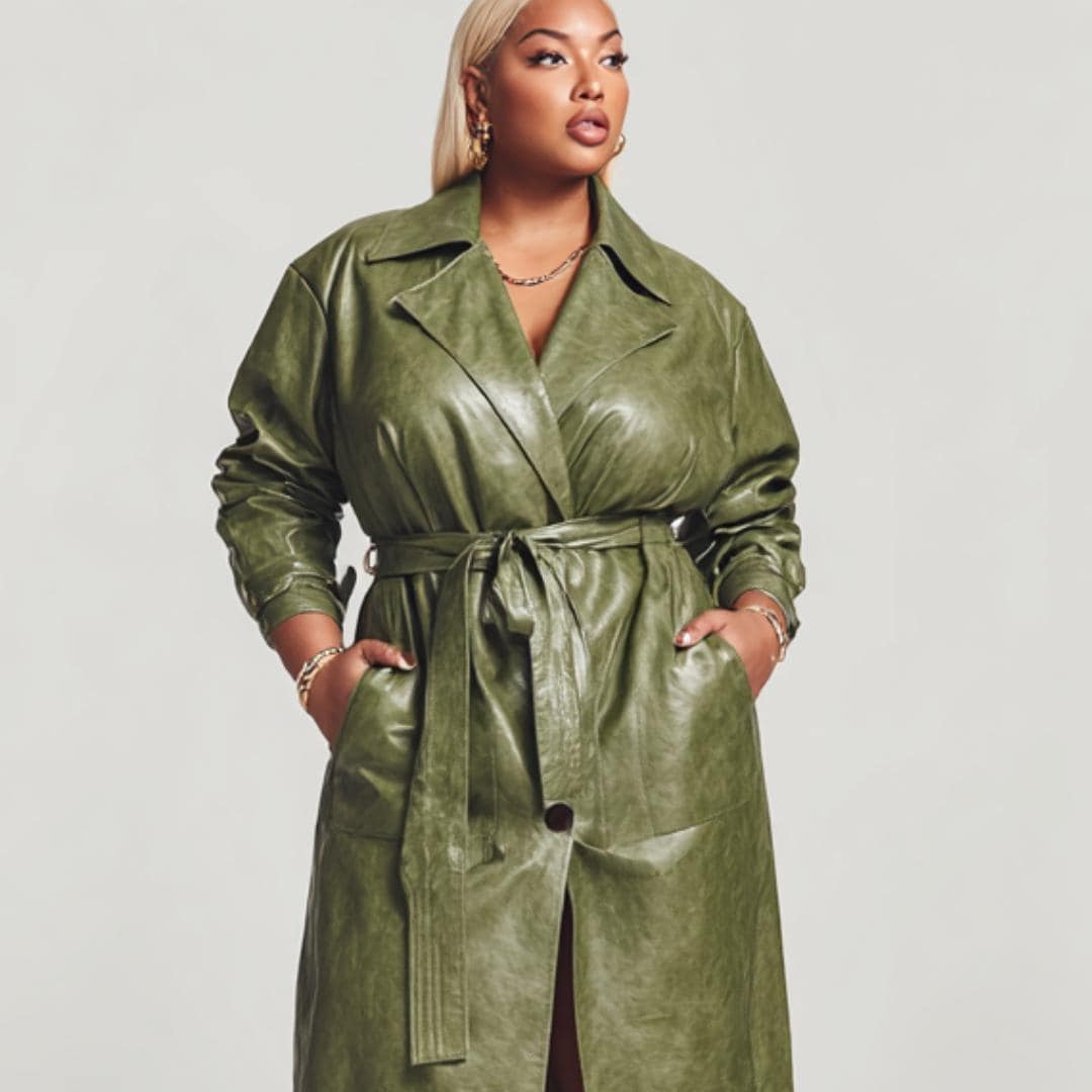 Women Leather Trench Coat | Olive Green Sheepskin Plus Size