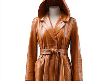 Trench marrone con cappuccio da donna / Cappotto vintage in pelle di pecora / Giacca midi autunno inverno / Stile militare anni '90 / Regalo su misura per lei
