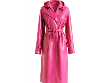 Trench in pelle rosa con cappuccio / Trench vintage da donna / Cappotto midi in pelle di pecora anni '90 / Giacca streetwear foderata in pelliccia / Regalo per lei