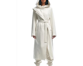 Trench in pelle bianca con cappuccio da donna / Cappotto midi in pelle di pecora vintage / Trench anni '90 con cintura / Regalo per lei / Moda autunno inverno
