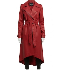 Roter Trenchcoat Damen – Echtes Schaffellleder Midi Mantel – Vintage Militär Trench – Halloween Streetwear Bikerjacke – Geschenk für Sie