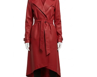 Trench rosso da donna – Cappotto midi in vera pelle di pecora – Trench militare vintage – Giacca da motociclista streetwear per Halloween – Regalo per lei