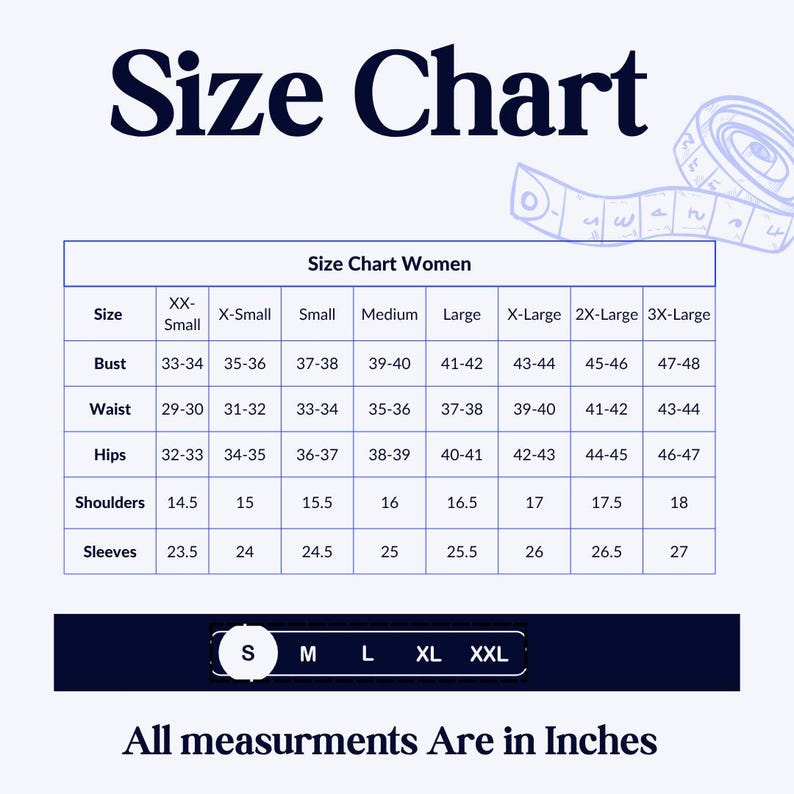 Peut inclure: Tableau des tailles pour femmes, avec mesures en pouces. Le tableau comprend les mesures de la poitrine, de la taille, des hanches, des &eacute;paules et des manches pour les tailles XX-Small &agrave; 3X-Large. Le texte "Size Chart" est en haut.