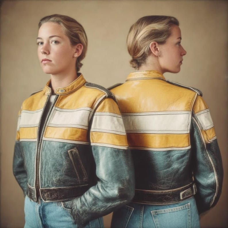 Op de afbeelding: Een leren jas met een kleurgeblokt ontwerp met een geel bovengedeelte, een witte horizontale streep en een donkerblauwgroen ondergedeelte. De jas heeft een opstaande kraag, een ritssluiting aan de voorzijde en een donkere tailleband.
