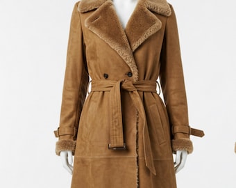Trench da donna in pelle scamosciata marrone / Trench midi vintage / Cappotto lungo invernale foderato in pelliccia / Giacca streetwear anni '90 / Regalo di Halloween per lei