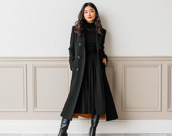 Women's Long Black Wool Coat, Double Breasted Trench Coat, Elegant Winter Overcoat, Tailored Formal Outerwear, Classic Wool Jacket