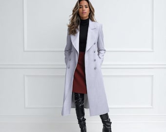 Women's Long Grey Wool Coat, Double Breasted Trench Coat, Elegant Winter Overcoat, Tailored Maxi Coat, Formal Office Outerwear Gift