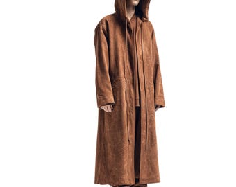 Mantello da uomo in pelle scamosciata con cappuccio / Cappotto in pelle vintage / Giacca midi in pelle di pecora marrone / Regalo di Halloween per lui / Cappotto autunnale su misura