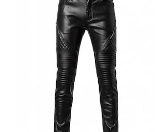 Black Leather Quilted Biker Pants for Men – Handmade Moto Pants – Custom Fit Sheepskin Trousers – Lined Winter Pants – Gift for Him