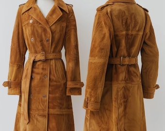 Trench in pelle scamosciata marrone da donna / Giacca vintage in pelle scamosciata marrone / Cappotto lungo vintage in pelle di pecora / Giacca in pelle anni '90 / Cappotto con bottoni militari