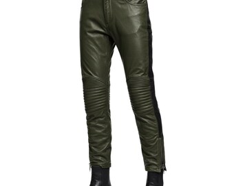 Men Green Leather Biker Pants – Handmade Genuine Sheep Leather Pants Moto Pant, Slim Fit Sheepskin Trousers, Custom Lined Leather Pant
