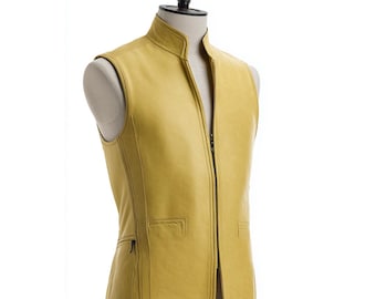 Men's Yellow Leather Vest | Custom Sheepskin Waistcoat cropped vest | motocykle vest Streetwear Style cowboy vest | Handmade Gift for Him