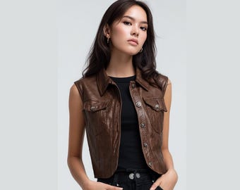 Brown Women Leather Vest – Sheepskin Waistcoat, Custom Biker Vest, Handmade Streetwear Gift for Her custom vest, cowboy vest sheepskin vest