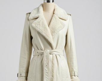 Trench coat da donna in pelle di pecora bianca / Trench coat vintage foderato in pelliccia / Cappotto midi in pelle anni '90 / Trench militare / Regalo per lei
