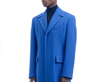 Cappotto lungo da uomo in lana blu royal - Cappotto classico - Capospalla invernale formale - Realizzato su misura - Per uomo d'affari e professionista
