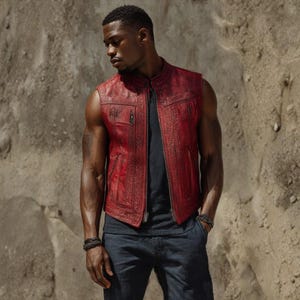 Può includere: Un gilet in pelle rosso con chiusura a zip e due tasche frontali. Il gilet presenta cuciture decorative lungo le cuciture e intorno alle tasche. La persona indossa una maglietta nera e pantaloni blu scuro.