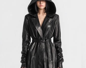 Trench nero con cappuccio da donna / Cappotto in vera pelle di pecora anni '90 / Giacca invernale midi vintage / Regalo per lei / Costume steampunk gotico