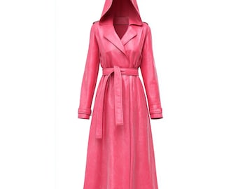 Trench in pelle di pecora con cappuccio rosa / Cappotto in pelle da donna per Halloween / Trench midi con bottoni / Regalo di Natale autunnale per lei