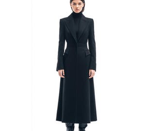 Women’s Wool Coat Full Length | Luxury Black Wool Coat | Luxury Midi Wool Trench | 90’s Long Coat | Winter Anniversary & Christmas Gift