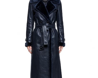 Trench coat da donna in pelle blu navy / Cappotto midi vintage in montone foderato in pelliccia per Halloween / Trench personalizzato in stile militare / Regalo invernale per lei