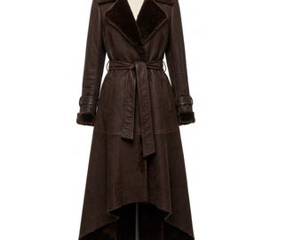Trench in pelle di pecora da donna / Trench in pelle vintage, cappotto lungo in pelliccia di sherpa / Soprabito invernale midi / Giacca da motociclista anni '90 / Regalo per lei