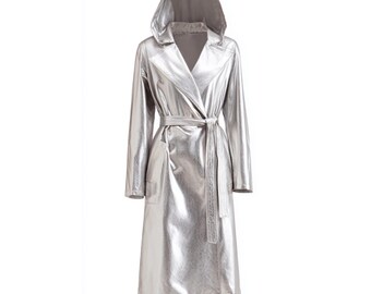 Trench con cappuccio argentato per donna / Cappotto da concerto vintage / Cappotto in pelle di pecora / Stile midi anni '90 / Trench militare / Regalo per lei