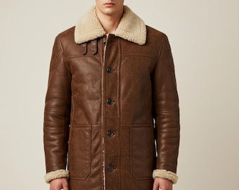 Brown Men Leather Overcoat – Sheepskin Fur Lined Leather Coat | Custom Handmade Winter Jacket | Gift for Him, Husband & Boys