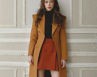 Women's Camel Wool Coat, Long Double Breasted Trench Coat, Strong Shoulder Tailored Overcoat, Winter Formal Outerwear, Custom Size
