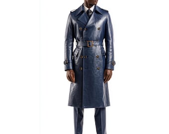 Trench da uomo blu navy / Cappotto in pelle di pecora / Giacca midi militare vintage / Regalo per lui / Vestibilità personalizzata / Capispalla autunno inverno.