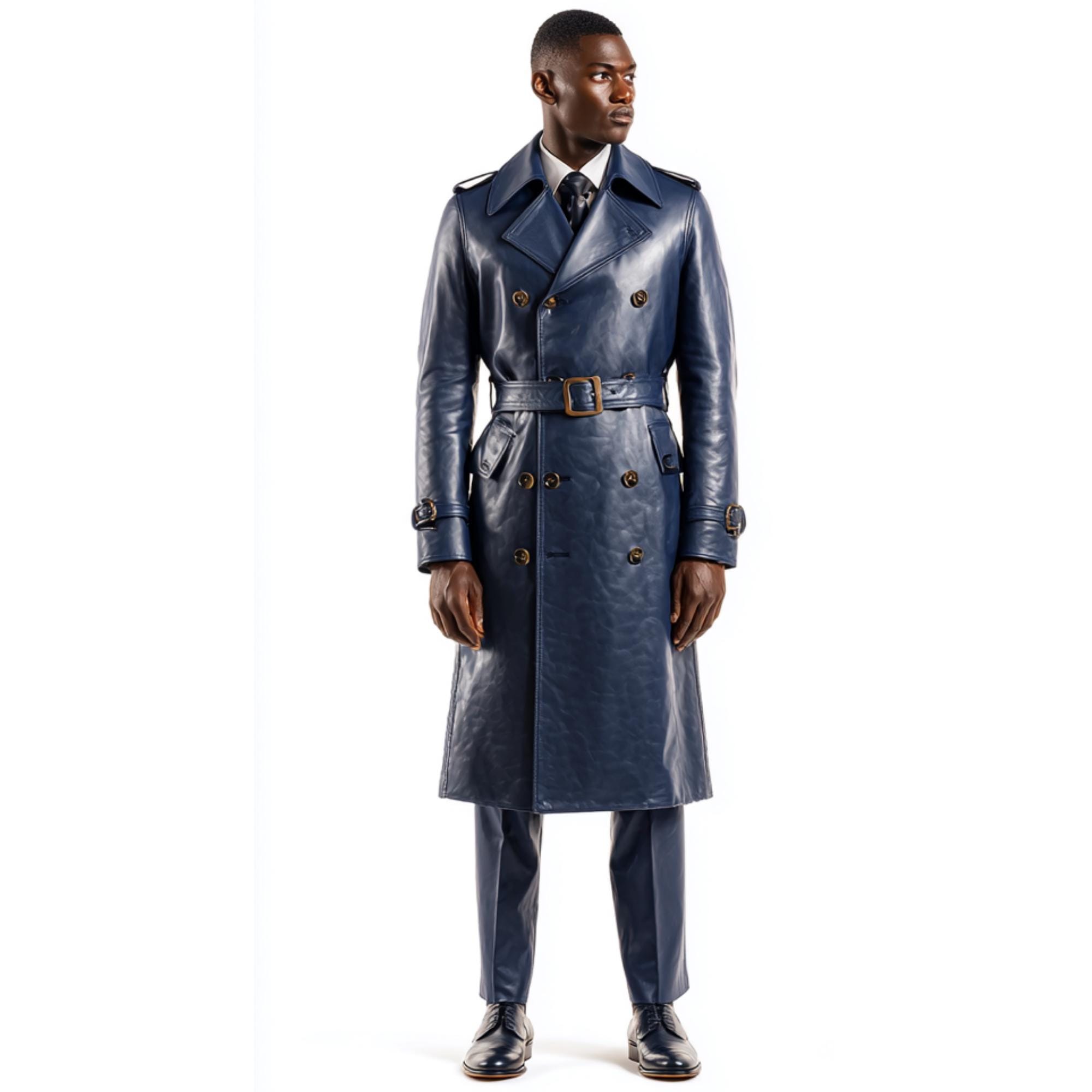 Mens Trench Coat Navy | Sheepskin Leather Coat | Vintage Military