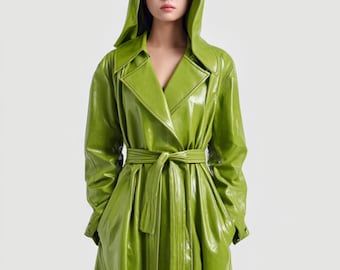 Trench verde con cappuccio da donna / Cappotto midi in vera pelle di pecora / Giacca streetwear vintage anni '90 / Regalo autunno inverno per lei, taglia personalizzata