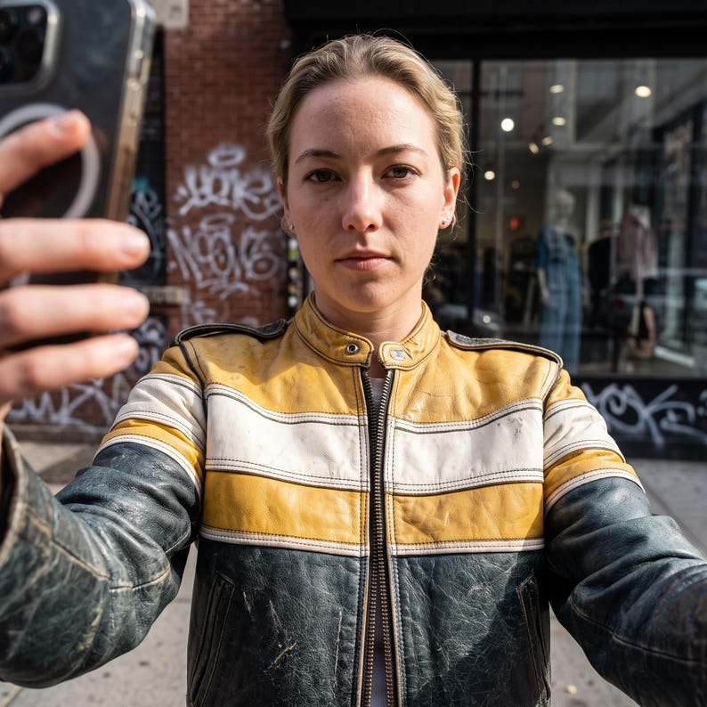 Op de afbeelding: Een leren jas met een kleurgeblokt ontwerp met een mosterdgeel bovengedeelte, een horizontale witte streep over de borst en een donker antracietkleurig ondergedeelte. De jas is voorzien van een opstaande kraag met een drukknoopsluiting.