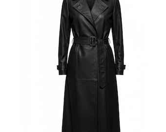 Trench in pelle nera da donna – Cappotto midi fatto a mano / Trench militare vintage personalizzato / Regalo per lei Cappotto in pelle firmato da donna