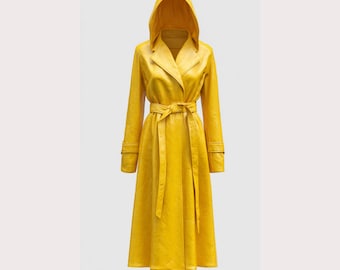 Trench giallo con cappuccio da donna / Giacca midi in pelle di pecora anni '90 / Cappotto in stile militare vintage / Regalo personalizzato per l'autunno e l'inverno per lei