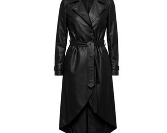 Trench in pelle asimmetrico nero da donna – Cappotto militare midi in pelle di pecora vintage / Foderato in pelliccia, vestibilità personalizzata / Regalo per lei autunno inverno