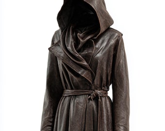 Trench gotico / Cappotto in pelle di pecora marrone con cappuccio / Trench in pelle vintage da donna / Cappotto midi anni '90, costume steampunk gotico / Regalo per lei