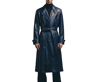 Trench da uomo blu navy / Cappotto in pelle di pecora per Halloween / Giacca midi militare vintage / Regalo per lui / Vestibilità personalizzata / Capispalla autunno inverno