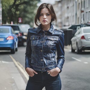 May include: A woman wearing a dark blue denim jacket with button closures and pockets, paired with dark blue jeans. The jacket has a classic design with a collared neckline and shoulder epaulettes. The background shows a city street with cars.