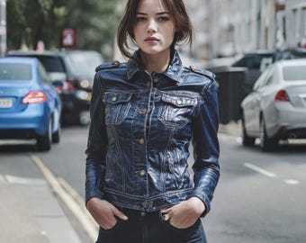 Op de afbeelding: Een donkerblauwe spijkerjas met knoopsluitingen en zakken, gecombineerd met een donkerblauwe jeans. De jas heeft een kraag en schouderstukken. De achtergrond toont een stadsstraat met auto's en gebouwen.