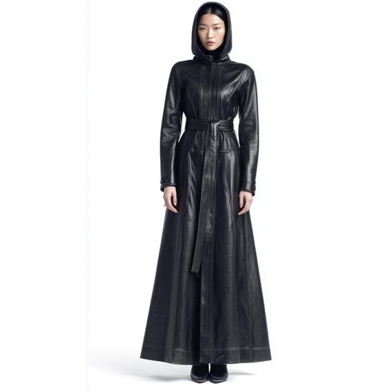 Black Women's Leather Gothic Hooded Trench Coat – Long Sheepskin
