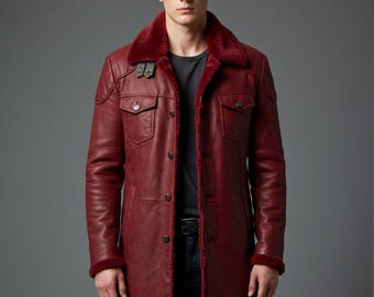 Cappotto in pelle rosso da uomo / Cappotto invernale fatto a mano con fodera in pelliccia di pecora / Cappotto in pelle personalizzato / Regalo per lui, marito, ragazzi / Streetwear autunnale