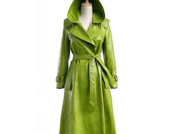 Trench verde con cappuccio da donna / Cappotto midi in vera pelle di pecora / Giacca streetwear vintage anni '90 / Regalo autunno inverno per lei, taglia personalizzata
