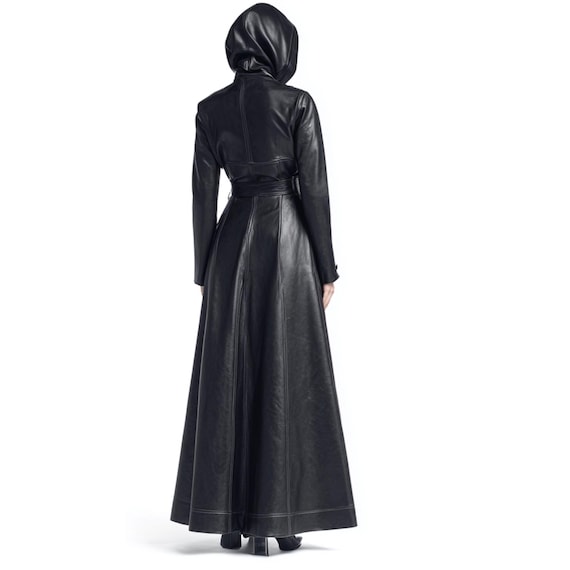 Black Women's Leather Gothic Hooded Trench Coat – Long Sheepskin