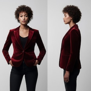 May include: A deep red velvet blazer with a single button fastening. The blazer features a notched lapel and two front pockets. The model is wearing a black top and black trousers. A classic and elegant garment.